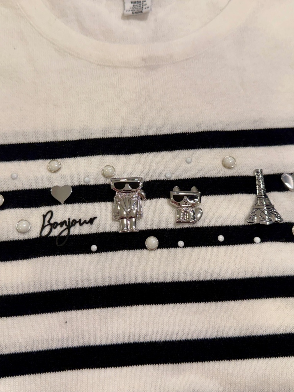 Karl Lagerfeld Paris Striped Embellished Sweater "Bonjour" and Eiffel Tower